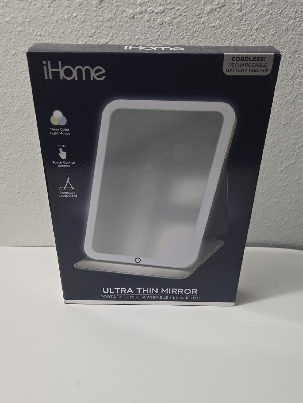 iHome Ultra Thin Mirror LED Vanity - Black Packaging with White Mirror Frame